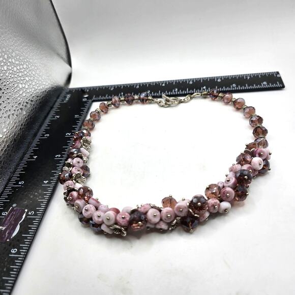 Necklace Vintage Beaded Light Purple Floral Cluster Silver Tone 18" SKU2422 - Picture 4 of 6